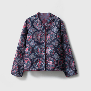 外套女宽松早春 一丝牵双面穿蜀锦牛仔色全家福100%桑蚕丝真丝开衫