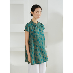 上衣花萝香云纱真丝短袖 T恤女100%桑蚕丝国风夏 奥黛中长款 现货