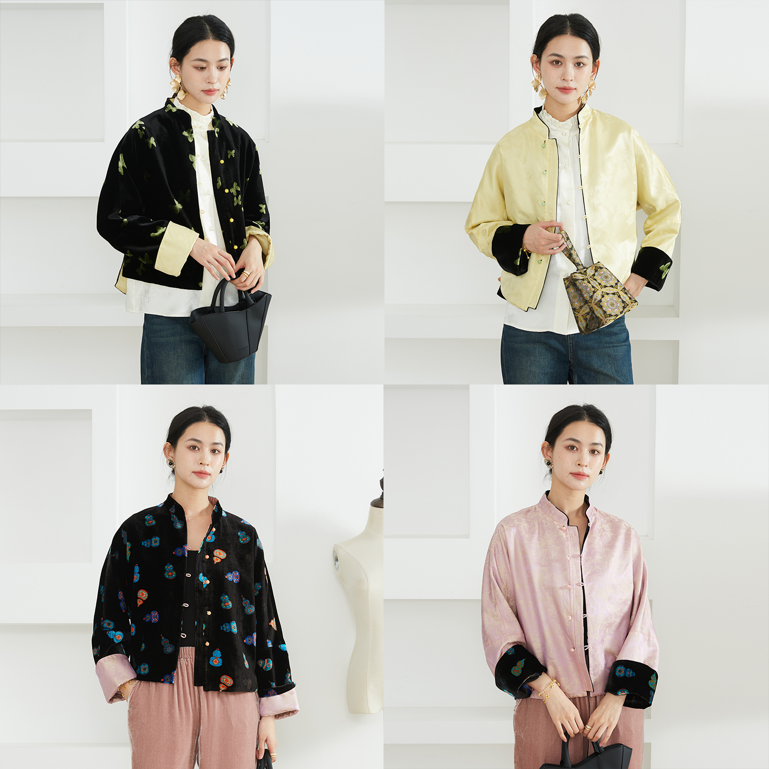 一丝牵双面穿新中式丝绒真丝立领挽袖外套桑蚕丝长袖国风开衫上衣