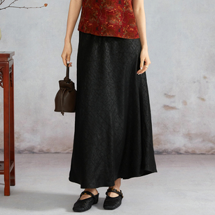 高定100%桑蚕丝新中式 饰真丝半身裙女松紧腰显瘦国风半裙春 挂坠装