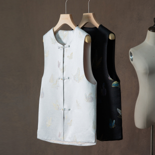 一丝牵100%桑蚕丝国风蜀锦盘扣真丝马甲女外穿V领无袖 上衣春 开衫