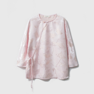 一丝牵100%桑蚕丝螺钿正绢提花真丝上衣织金银杏叶新中式 斜襟小衫