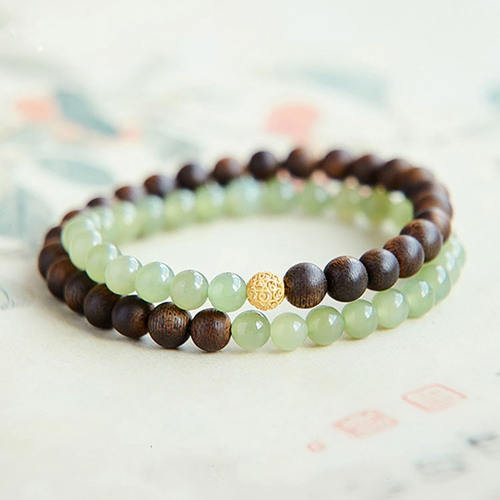 一丝牵 文莱沉香手串女士天然和田青白玉转运珠木制玉石半山半水