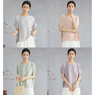 一丝牵 宽松显瘦桑蚕丝一片式 圆领宽松上衣短袖 T恤 真丝双乔蝙蝠衫