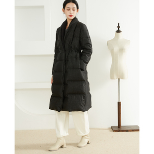 奢品90白鹅绒服香云纱龟裂纹100%桑蚕丝真丝中长防风收腰羽绒外套