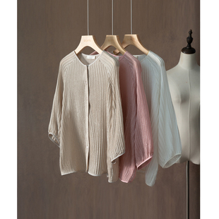 七分袖 一丝牵 上衣 灯笼袖 开衫 肌理皱感文艺感真丝插肩袖 圆领衬衫