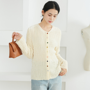 上衣 外套女桑蚕丝长袖 SILVIYE溯也 彩虹纽扣重工丝绒圆领真丝开衫