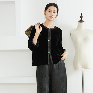 一丝牵重工盘扣国风丝绒真丝开衫 桑蚕丝外套女 上衣圆领一排扣长袖