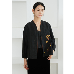 高定 上衣春 国风刺绣100%桑蚕丝龟裂纹香云纱真丝外套V领宽松开衫