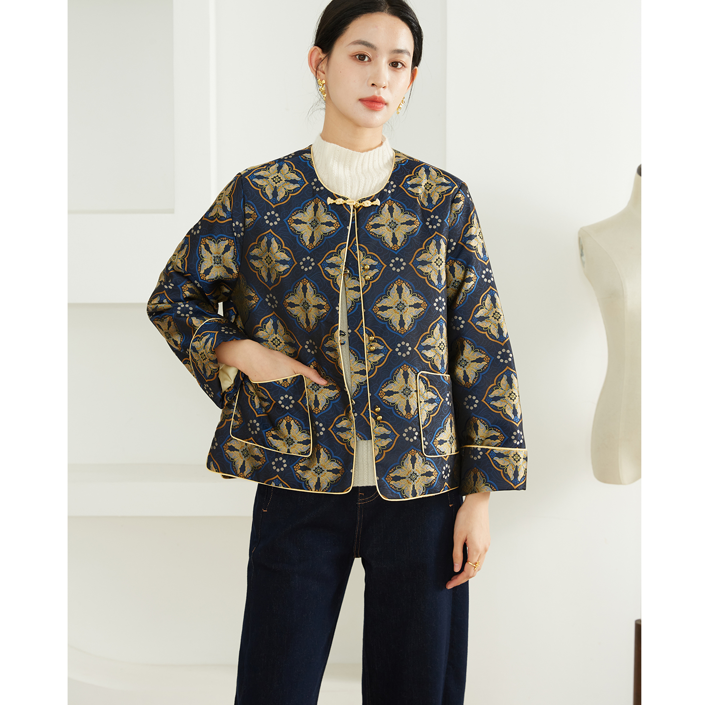 高定四喜蝶真丝宋锦填充100%桑蚕丝新中式棉服外套国风宽松棉衣冬