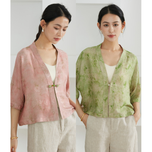 外套女蝙蝠袖 开衫 上衣 双面穿100%桑蚕丝异色罗真丝V领半袖 一丝牵