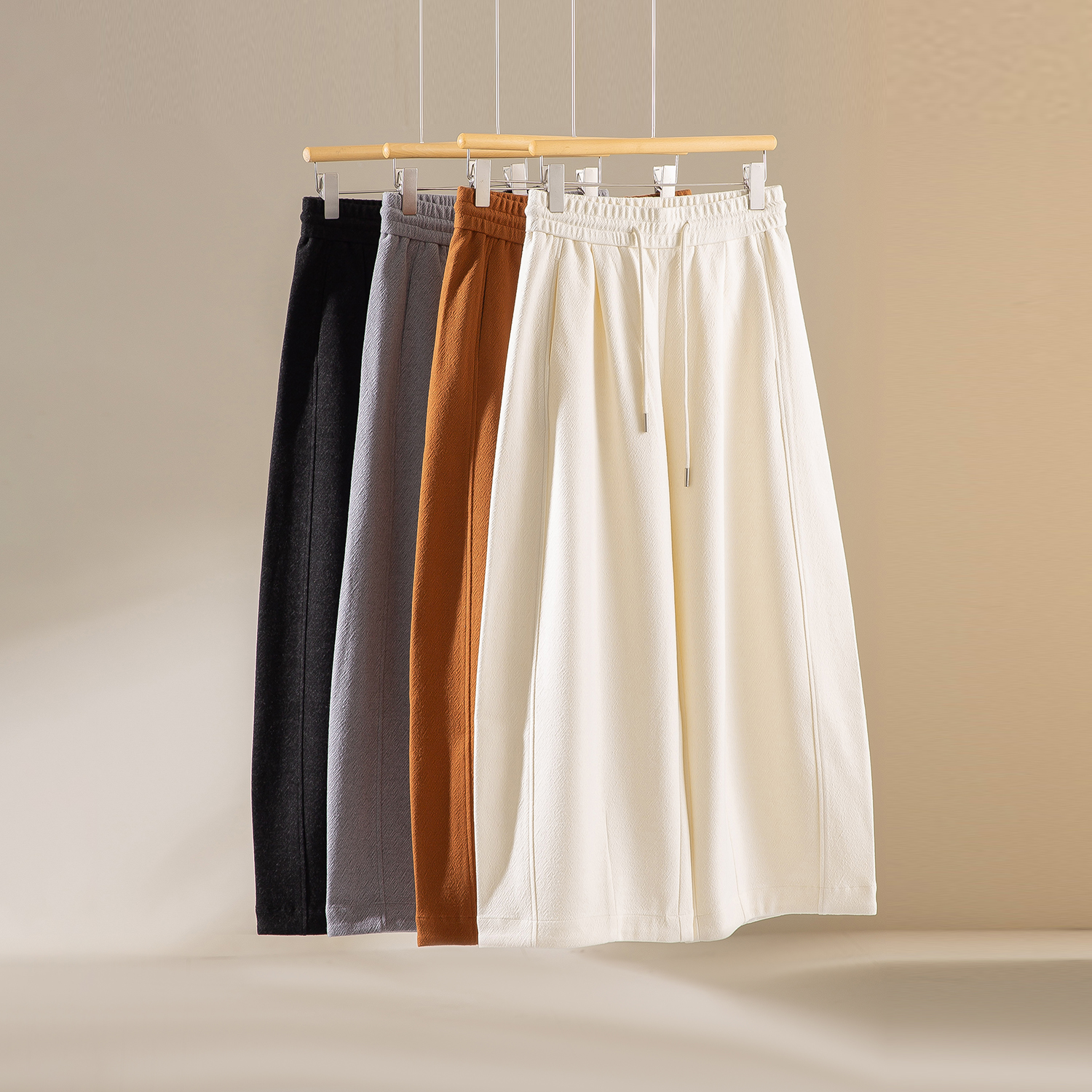 一丝牵桑蚕丝绵羊毛混纺松紧腰休闲直筒裤显瘦加绒抽绳阔腿裤长裤