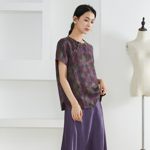 一丝牵双面穿真丝香云纱花萝红云纱上衣女100%桑蚕丝斜襟国风小衫