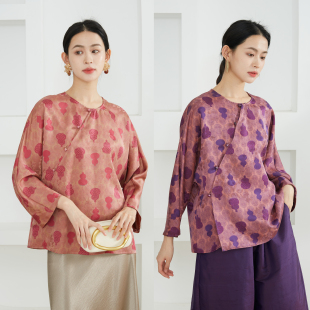 高定 春 100%桑蚕丝绞罗红云纱花萝真丝上衣一字盘扣国风提花小衫