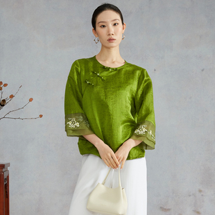 高定100%桑蚕丝国风斜襟真丝上衣女新中式 春 盘扣刺绣宽松圆领小衫