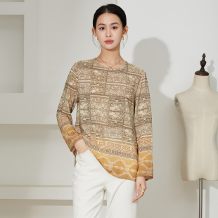 SILVIYE溯也100%桑蚕丝印花真丝圆领上衣女宽松休闲百搭长袖 T恤春