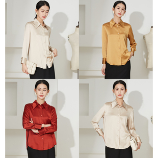 一丝牵 真丝衬衣女重磅缎面上衣长袖 丝绸女装 厚 40姆米桑蚕丝衬衫
