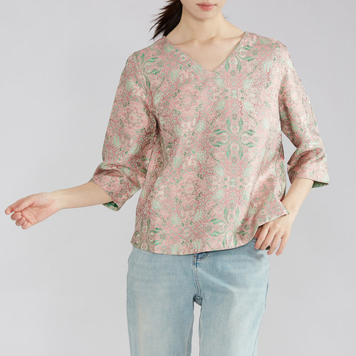 一丝牵 双面穿 桑蚕丝宋锦国风上衣真丝提花新中式V领宽松小衫