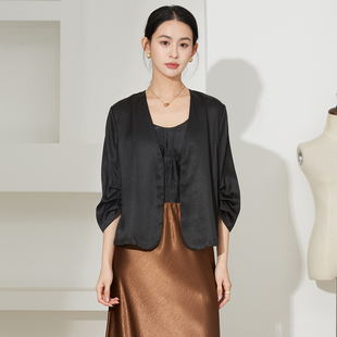 外套女V领西服开衫 春 西装 SILVIYE溯也100%桑蚕丝香云纱真丝七分袖