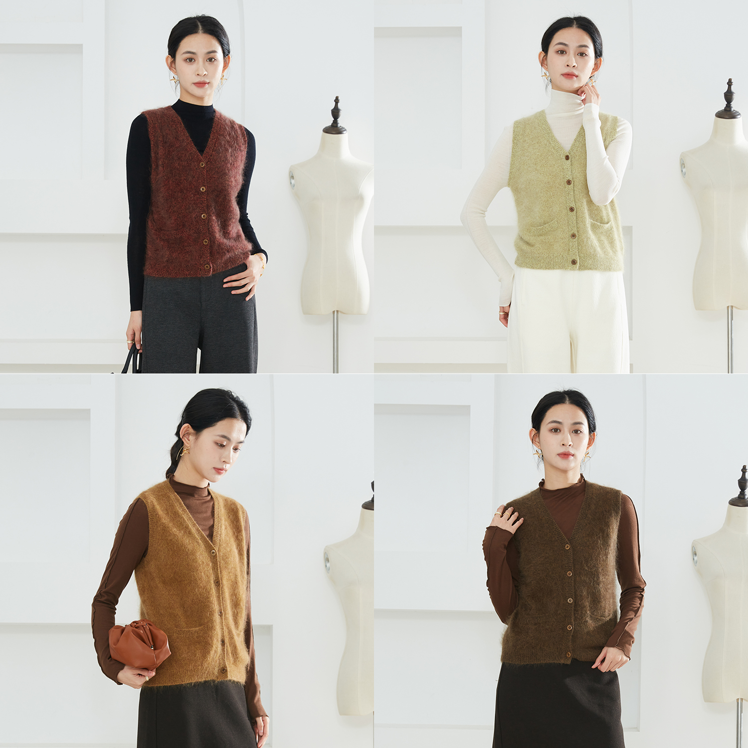 高定 100%山羊绒针织拉绒马甲背心气质V领无袖开衫外穿针织上衣秋