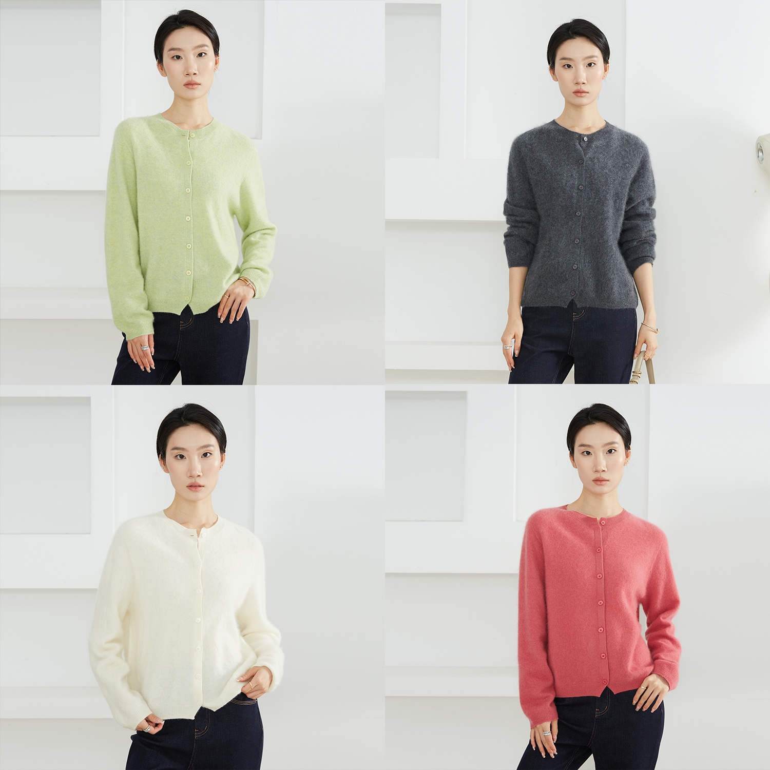 一丝牵 浮利圆领V领羊绒羊毛拉绒衫开衫无缝一体花纱针织毛衣早秋