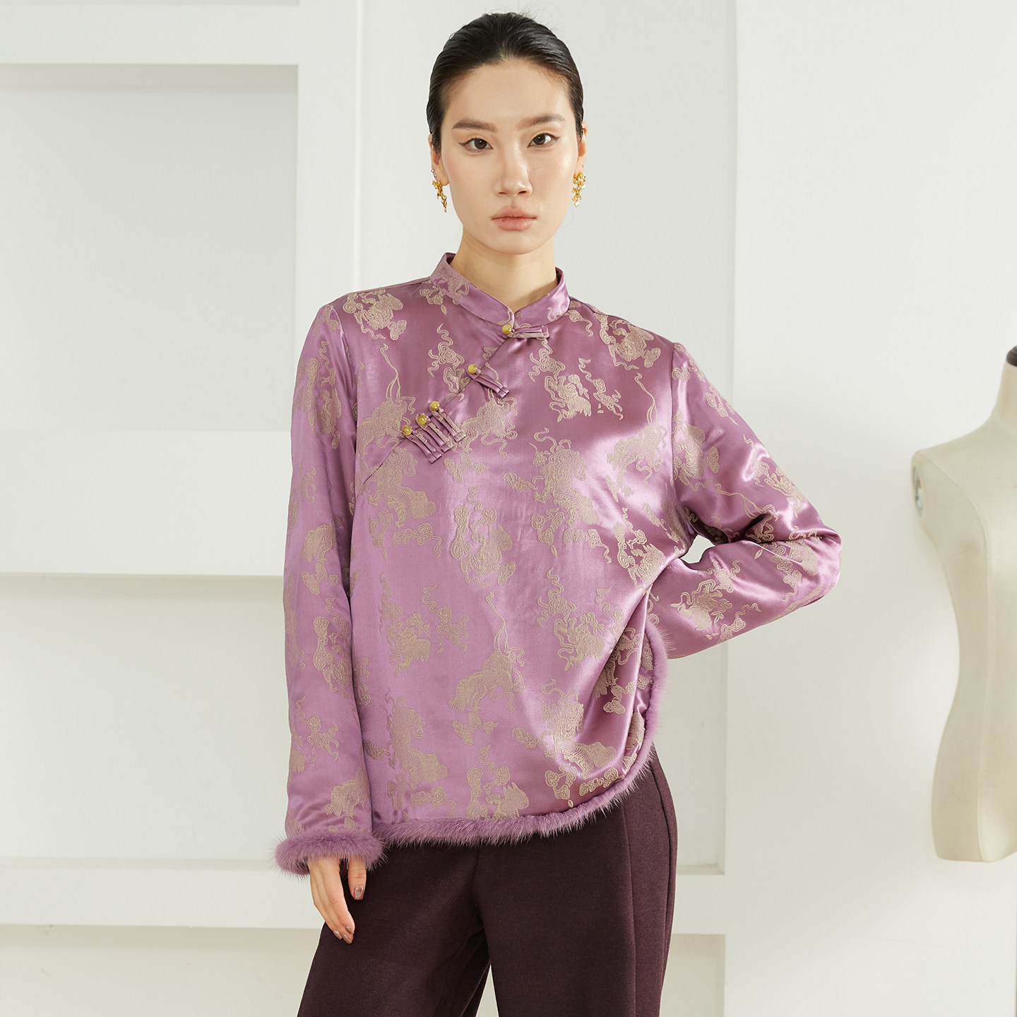 高定 填充100%桑蚕丝30姆米提花缎水貂毛真丝冠乐绉新中式棉服女,女装/女士精品,真丝上装,淘宝优惠券,粉丝福利购,淘宝优惠卷