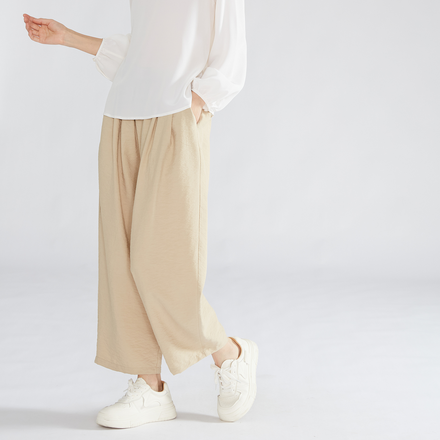 一丝牵 易打理 缩绉真丝香蕉裤干丝桑蚕丝廓形休闲裤宽松九分裤秋