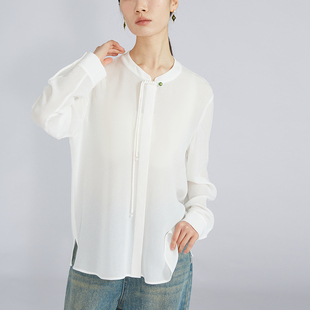 女桑蚕丝上衣长袖 一丝牵 鬼皱国风小立领 真丝衬衫 衬衣春秋季