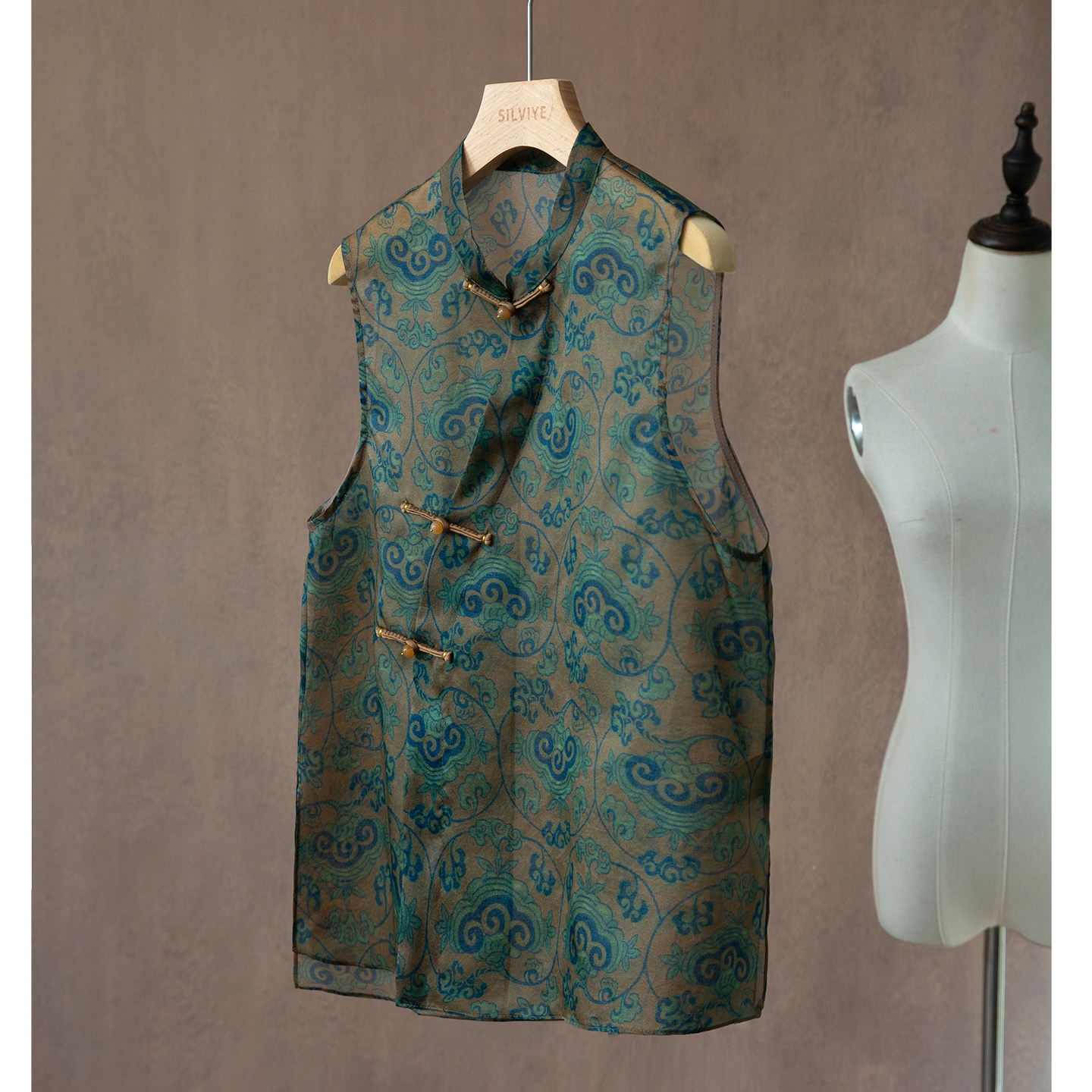 高定双色织提花真丝欧根纱国风半透视无袖上衣女桑蚕丝新中式马甲