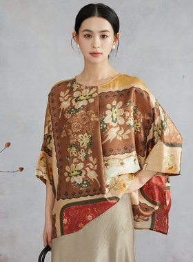 高定100%桑蚕丝斜纹绸定位印花度假风垂感宽松真丝蝙蝠袖上衣女夏