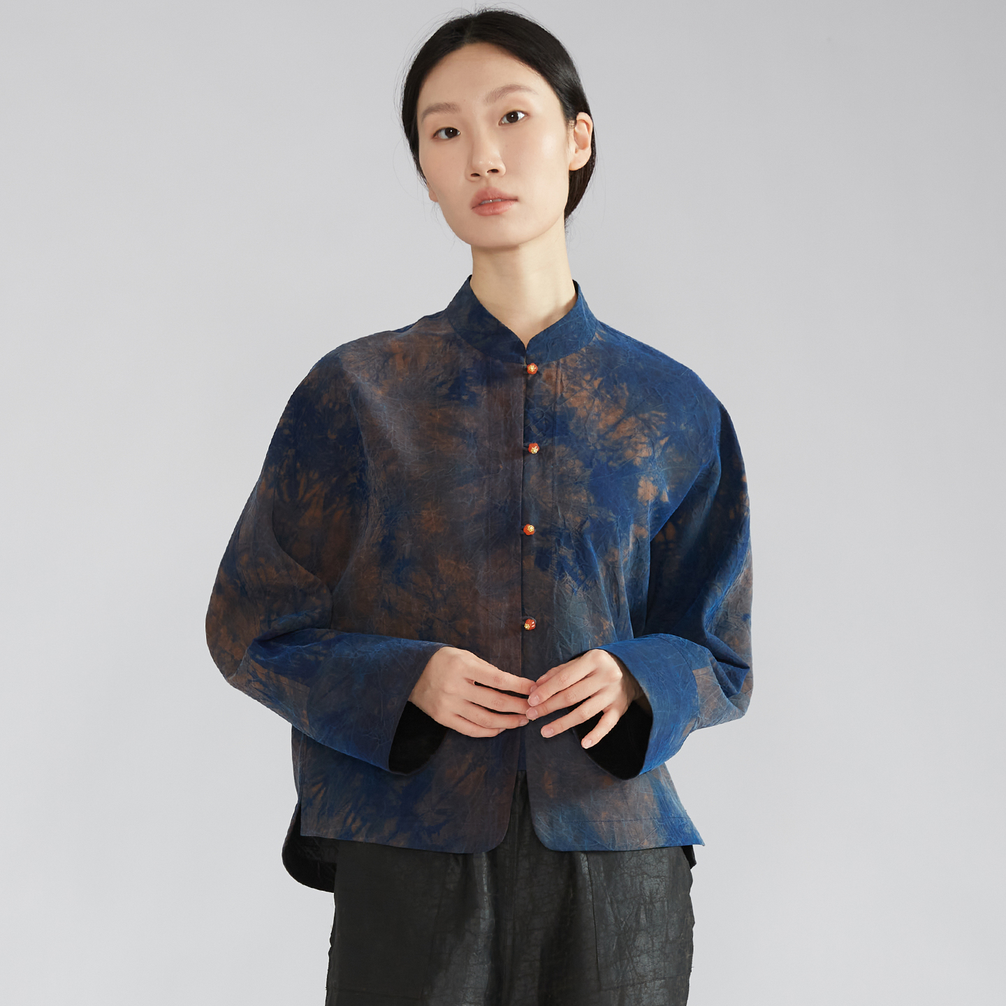 一丝牵 双面穿 蓝色扎染香云纱真丝国风外套新中式100%桑蚕丝上衣