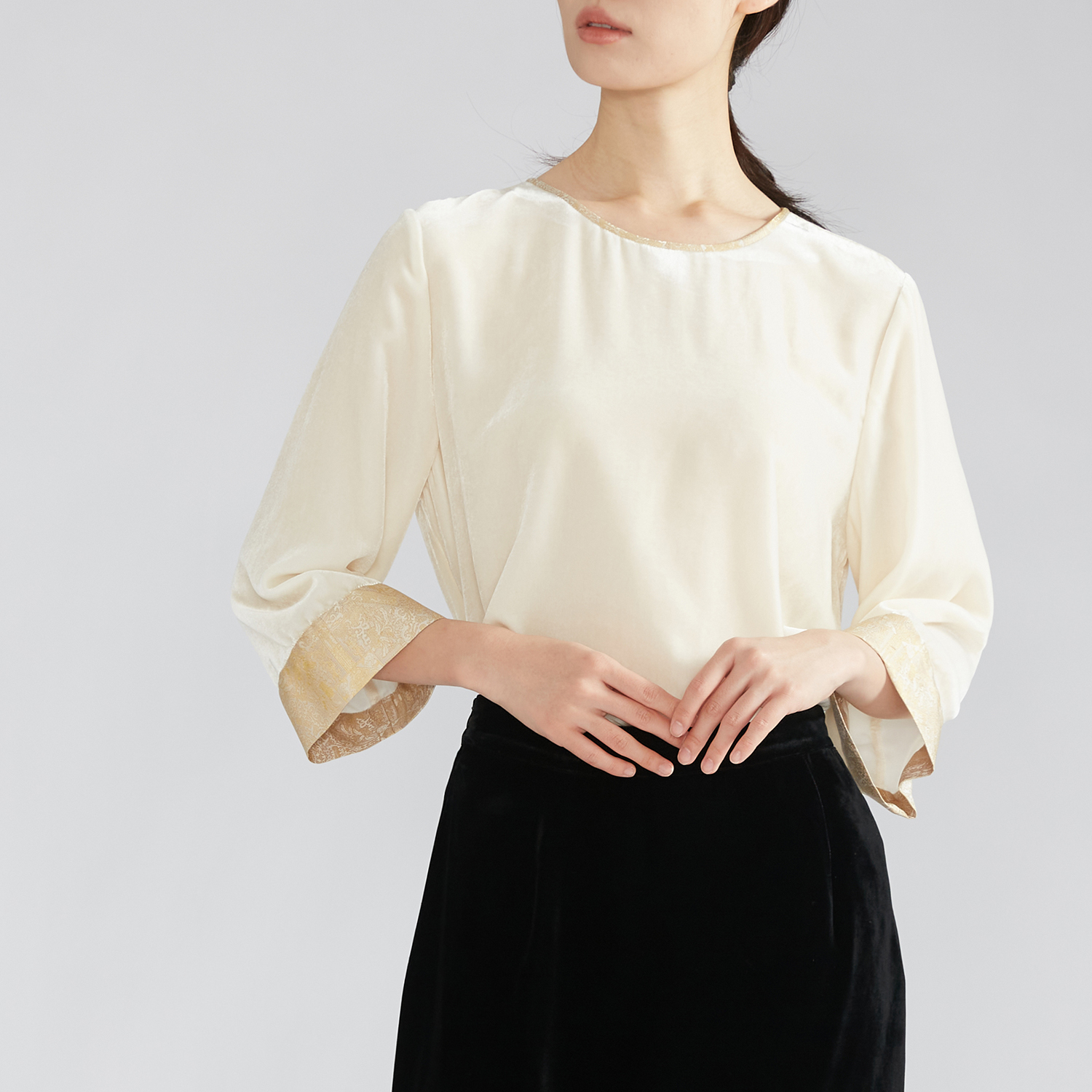 一丝牵 宋锦拼接袖真丝丝绒上衣女宽松显瘦100%桑蚕丝小衫T恤早秋