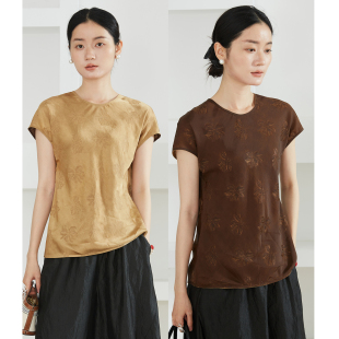 一丝牵 上衣100%桑蚕丝 斜裁琥珀色双面穿真丝香云纱花萝提花短袖