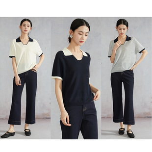 polo衫 百搭上衣夏 女简约拼色短袖 高定莱赛尔亚麻POLO领拼色针织衫