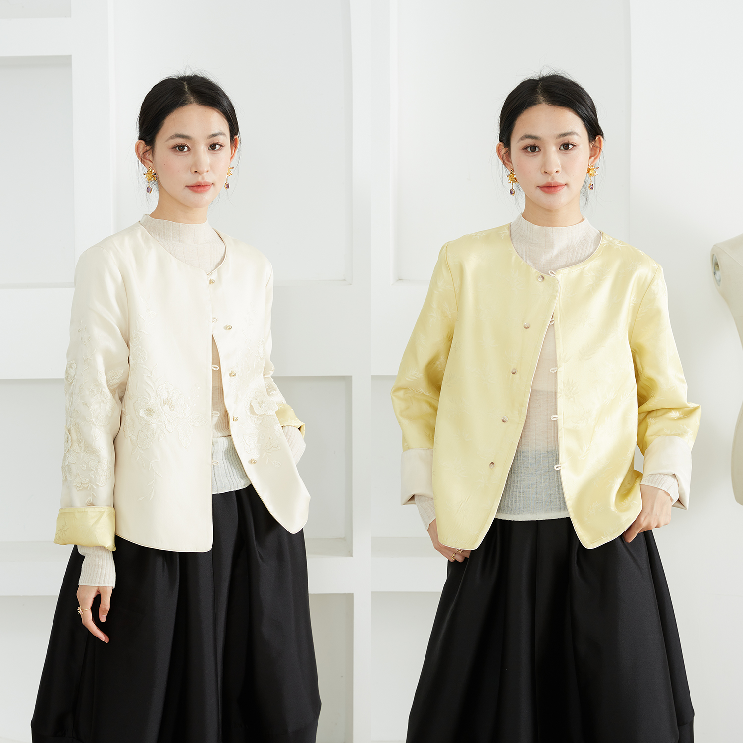 高定 双面穿100%桑蚕丝真丝绣花圆领外套女国风宽松挽袖开衫冬