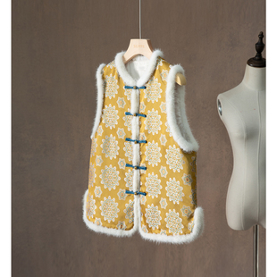 一丝牵填充100%桑蚕丝宋锦宝相花真丝提花水貂毛棉服马甲国风外套