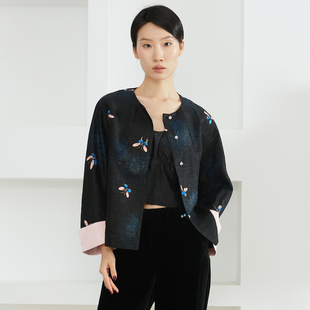 一丝牵手绘蝴蝶100%桑蚕丝香云纱龟纹真丝新中式 上衣 外套国风开衫