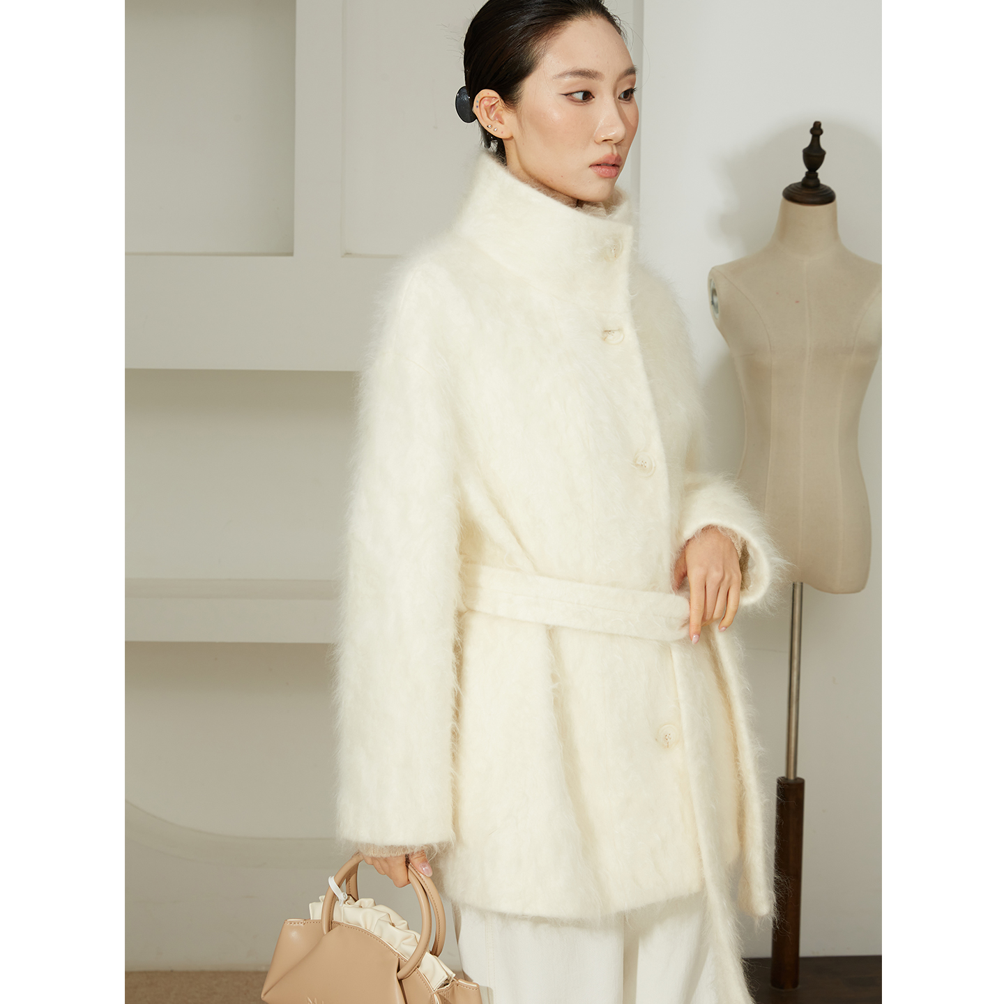 高定皮草级100%山羊绒拉毛双面呢大衣高级感系带中长款毛呢外套冬