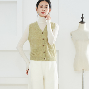 特惠 100%山羊绒针织拉绒马甲背心气质V领无袖开衫外穿针织上衣春