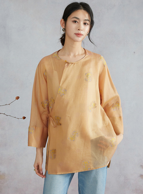高定100%桑蚕丝流光绸一夜爆富真丝圆领上衣女系带宽松长袖小衫夏