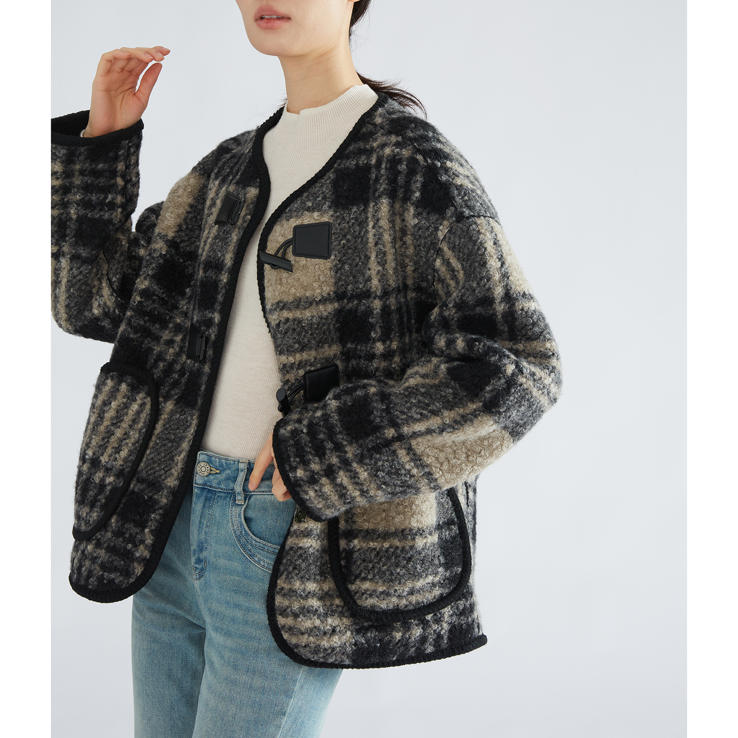 特惠 100%美丽奴羊毛保暖复古牛角扣羊羔毛外套慵懒宽松圆领大衣