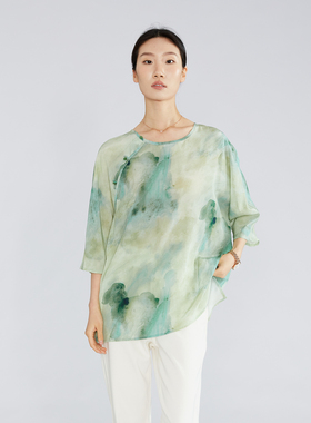 现货 国风水墨画真丝绿色印花新中式上衣100%桑蚕丝双绉宽松t恤春