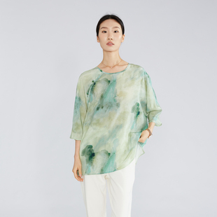 现货 上衣100%桑蚕丝双绉宽松t恤春 国风水墨画真丝绿色印花新中式