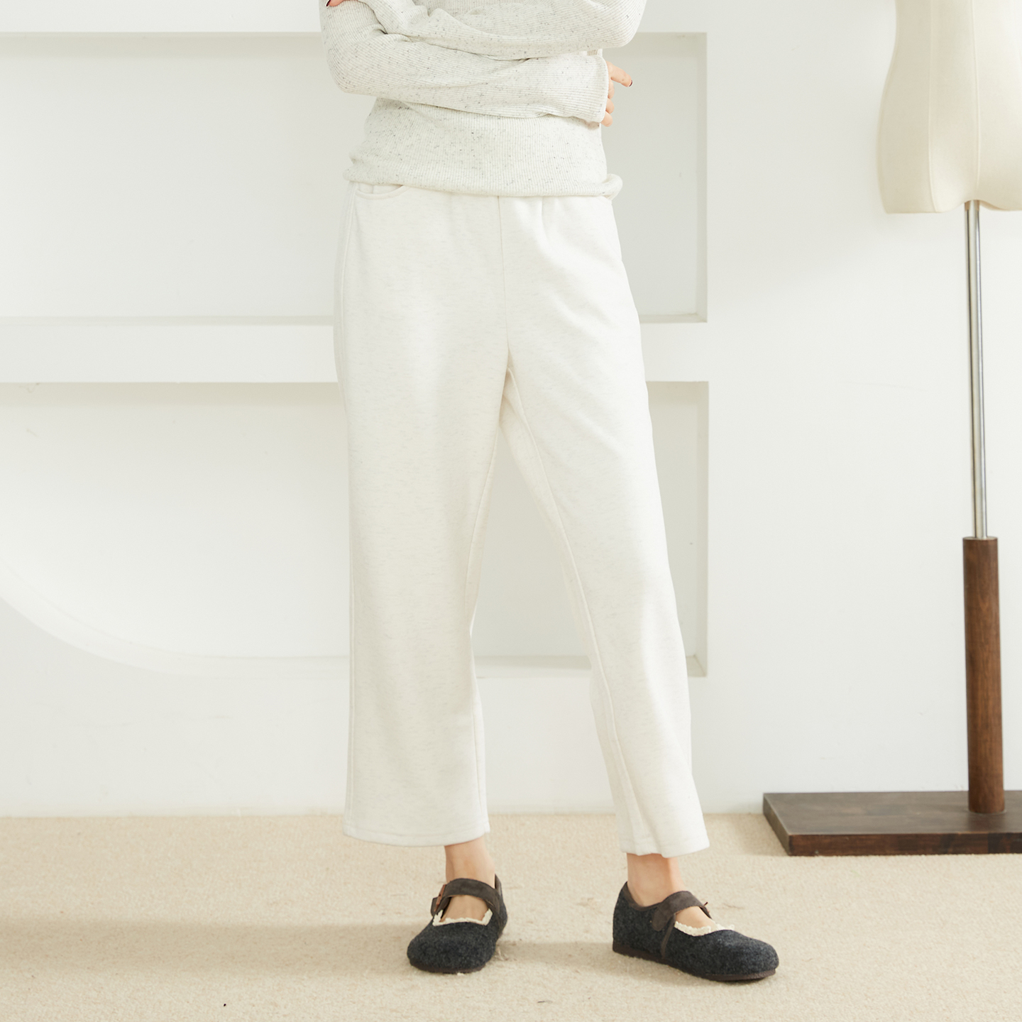 高定 秋冬九分瘦瘦裤宽松显瘦松紧腰直筒裤山羊绒休闲裤加厚裤子