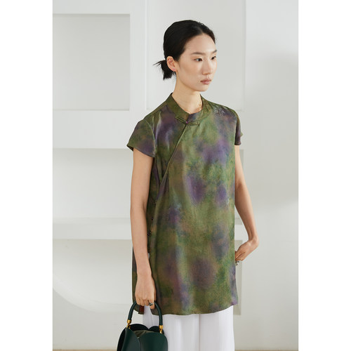 一丝牵植物炒染红云纱真丝奥黛中长款短袖上衣提花花萝100%桑蚕丝