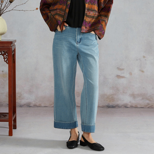 SILVIYE溯也 女波浪纹脚口九分裤 直筒休闲裤 子春 万向弹蓝色牛仔裤