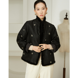 SILVIYE溯也 填充100%桑蚕丝龟纹香云纱水貂毛国风立领真丝棉服冬