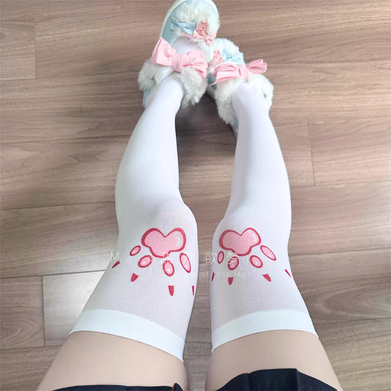 做回少女软妹可爱萌妹猫爪印花长筒袜jk白丝过膝袜辣妹大腿高筒袜