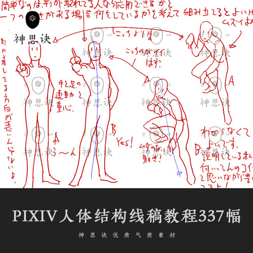 PIXIV人体结构线稿漫画速写临摹参考日本教程姿态设计绘画素材
