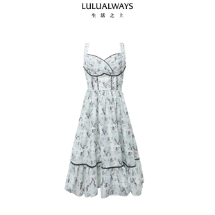 浪漫花卉中长款 LULUALWAYS 新款 夏季 收腰吊带连衣裙 商场同款